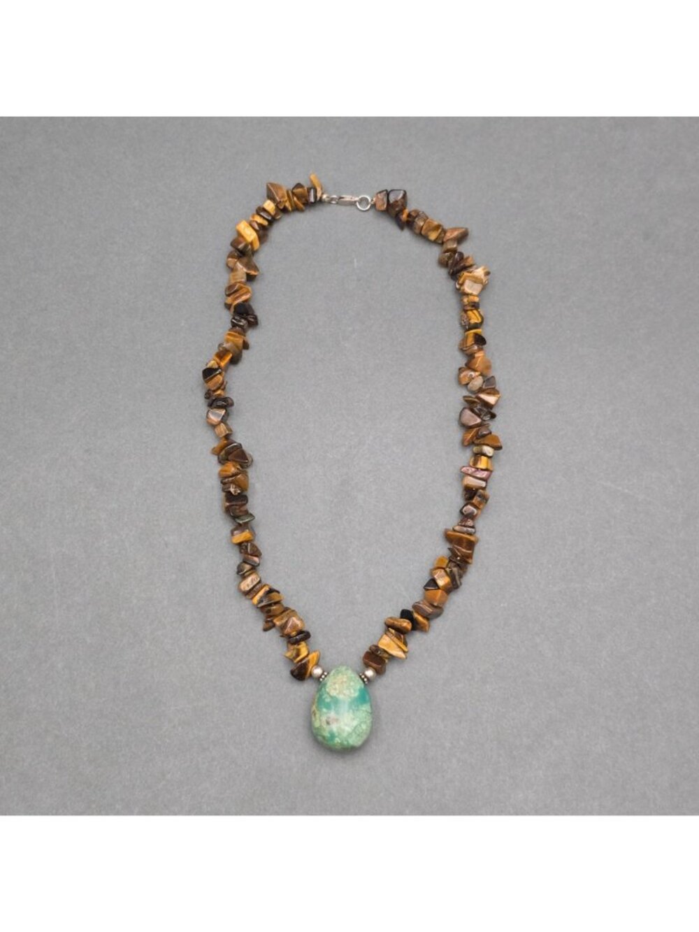 Vintage Sterling Silver Turquoise Pendant Tigers Eye Nugget Choker Necklace 14" - Picture 4 of 10